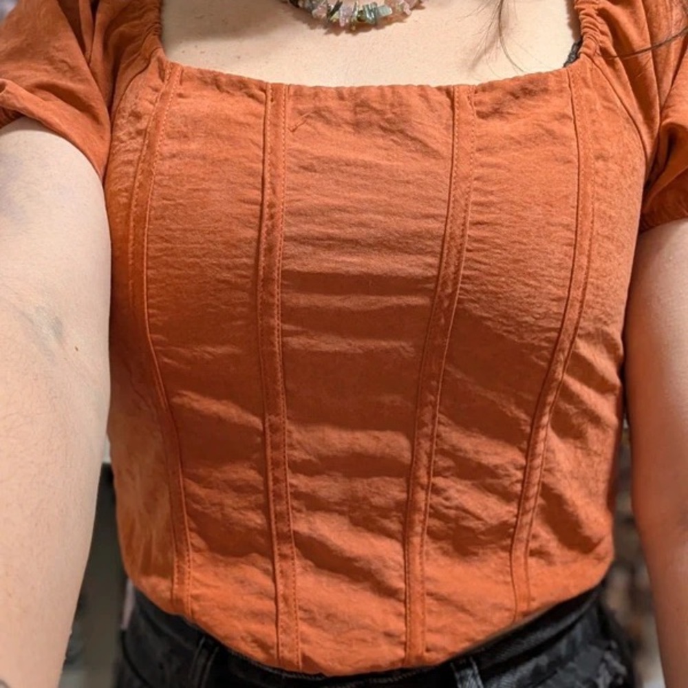 iris Rust Orange Square-Neck Puff Sleeve Crop Top - Picture 1 of 4